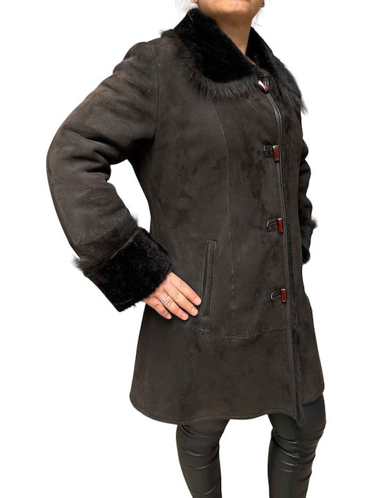 Mouton Women's Brown Coat with Fur Details
