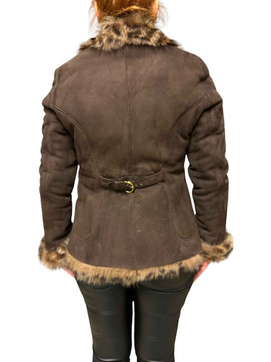 Mouton Damen Braun Mantel mit Fellbesatz