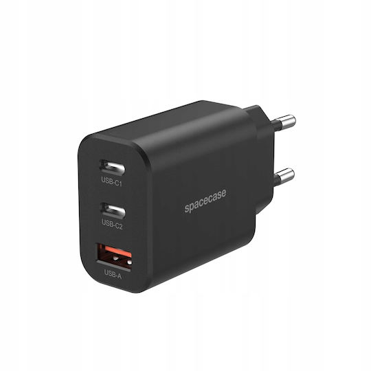 Spacecase Зарядно без кабел с USB-A порт и 2 USB-C порта 30W Черен (SC003B)