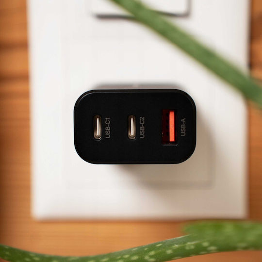 Spacecase Зарядно без кабел с USB-A порт и 2 USB-C порта 30W Черен (SC003B)