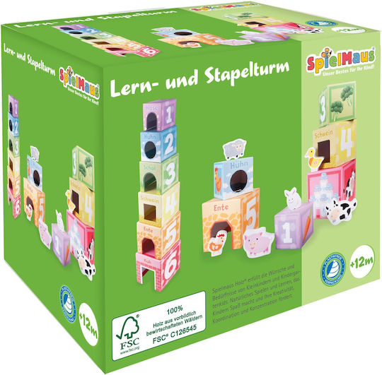 Stacking Pyramid Game with Numbers and 6 Wooden Animals Made of Wood for 12+ Months