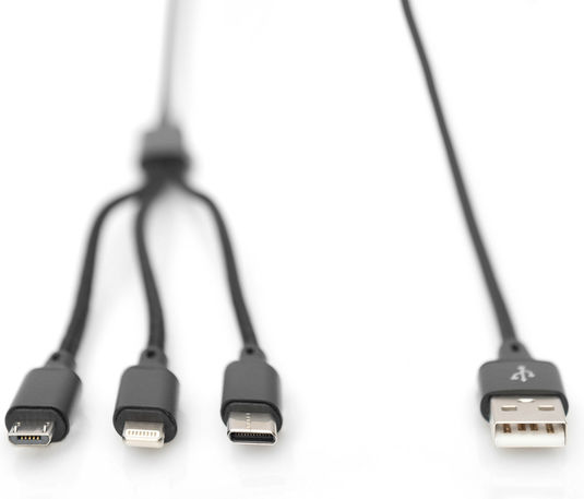 Digitus Regular Cablu USB la Lightning / Type-C / micro USB cu mai multe porturi 2A Negru 1m (AK-300160-010-S)