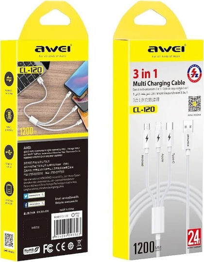 Awei Regular USB to Lightning / Type-C / micro USB Cable 1.8A Λευκό 1.2m 888155