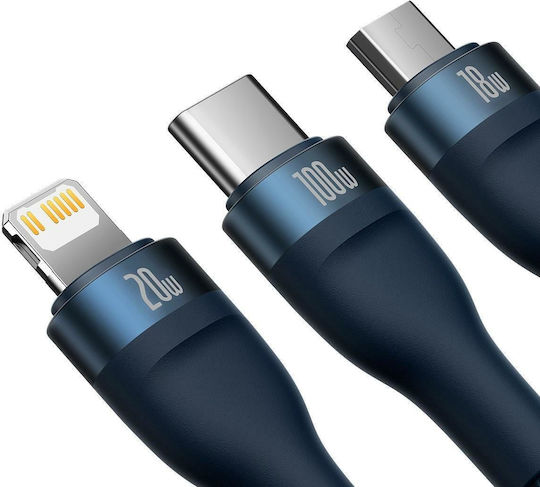 Baseus Flash Series II Braided USB to Type-C / micro USB / Lightning Cable Μπλε 1.2m (CASS030103)