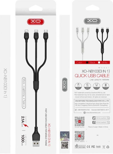 XO Regular USB to Lightning / Type-C / micro USB Cable Μαύρο 1m (NB103 3in1)