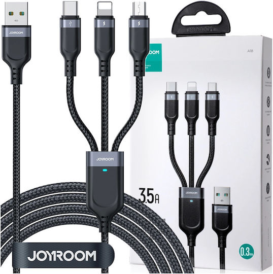 Joyroom S-1t3018a18 Braided / LED USB to Lightning / Type-C / micro USB 0.3m 2.4A Cable