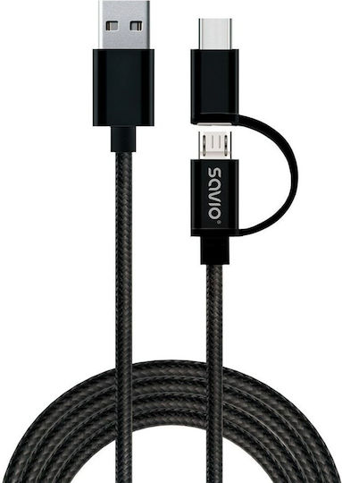 Savio Braided USB to Type-C / micro USB Cable 2.1A Μαύρο 1m (CL-128)