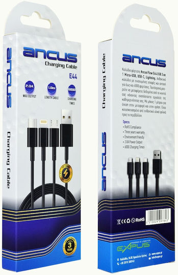 Ancus Flow E44 Regular USB to Lightning / Type-C / micro USB Cable 3A Μαύρο 1m