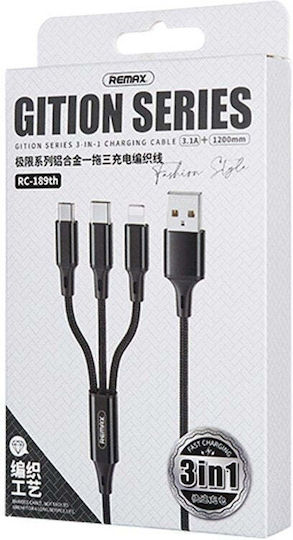Remax Gition RC-189th Braided USB to Type-C / micro USB / Lightning Cable Μαύρο 1.20m