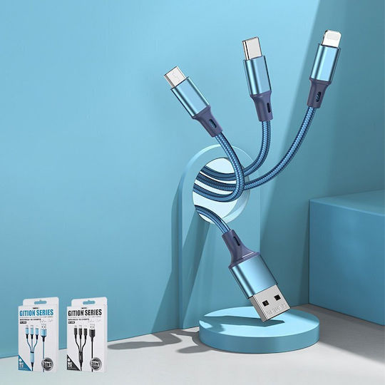 Remax Gition RC-189th Braided USB to Type-C / micro USB / Lightning Cable Μαύρο 1.20m