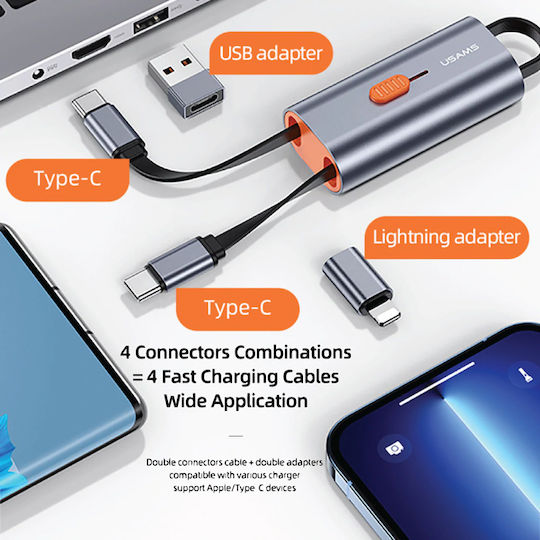 Usams Flat USB to Lightning / Type-C 0.3m 3A Cable Gray (SJ560USB01)