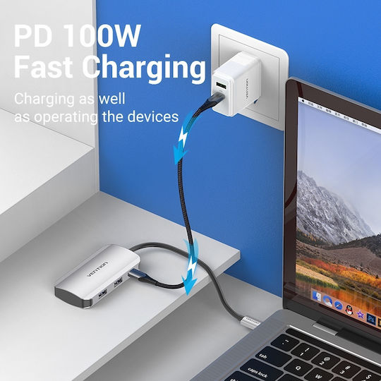 Vention Hub 3 Porturi USB 3.0 Cu Conectare USB-C Argintiu