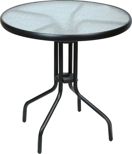 Outdoor Dinner Free Standing Table with Glass Surface and Metal Frame Black 60x60x72cm