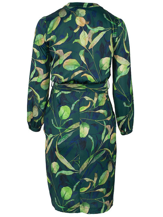 Midi Dress Long Sleeve Satin Wrap Green
