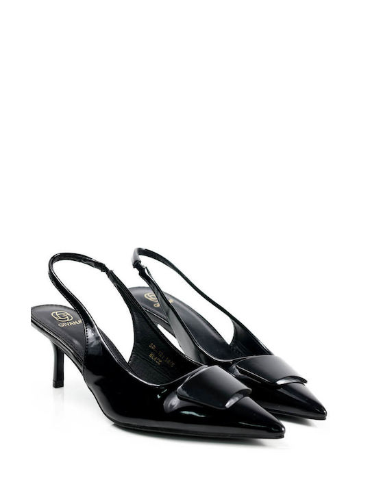 Ligglo Patent Leather Pointed Toe Black Heels with Strap