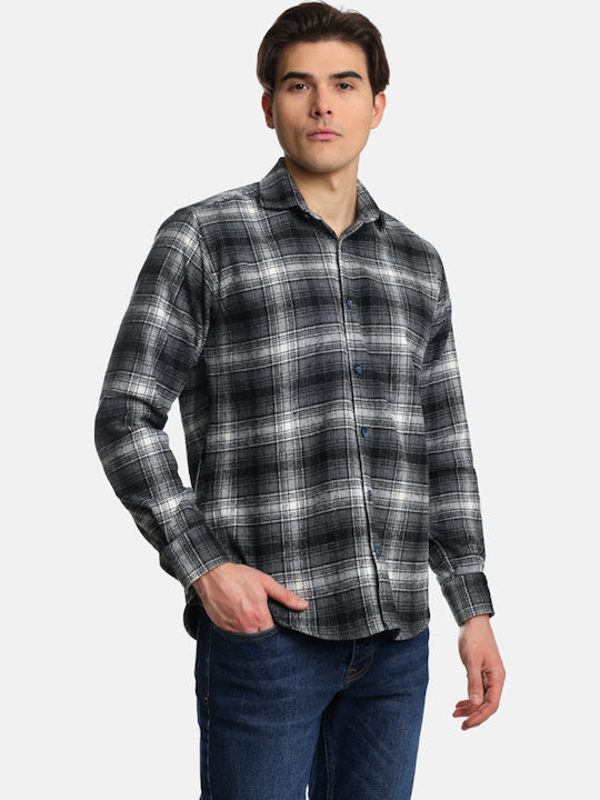 Μακρυμάνικo Βαμβακερό Overshirt σε Κανονική Γραμμή Καρό Grey