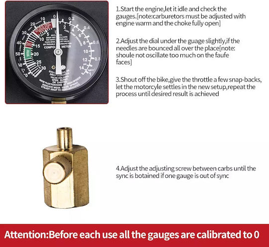 Motorcycle Carburetor Synchronizer Tool Kit 4 Cylinder Adjustment Gauge Readings 0-76 Cm Hg
