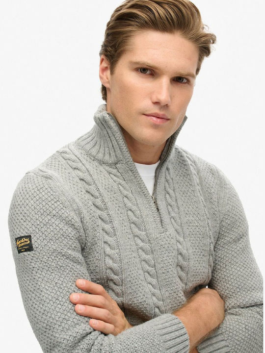 Superdry Vintage Jacob Cable Men's Long Sleeve Sweater with Zipper Medium Grey Melange