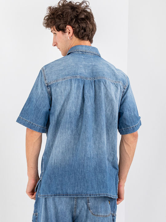 Pocket Langärmlig Jeans Hemd Blau