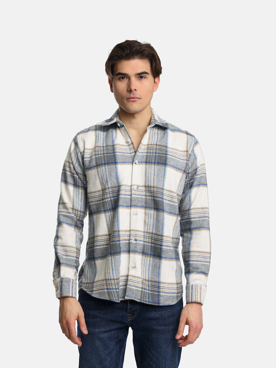 Paco & Co Men's Shirt Long Sleeve Cotton Checked Beige Grey