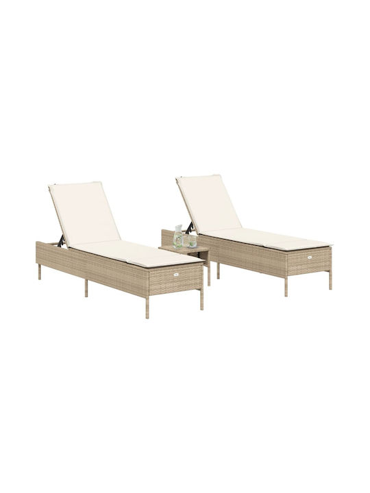 Deckchair Rattan with Cushion Beige with Table 3pcs 198x55x39cm.