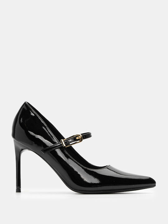 Luigi Patent Leather Pointed Toe Black High Heels with Strap