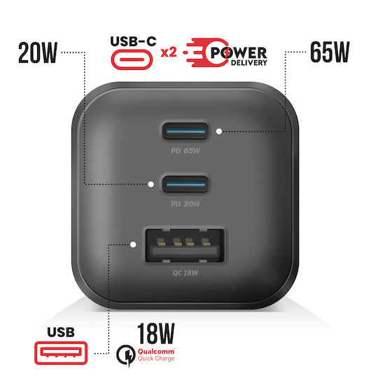 Swissten Φορτιστής Χωρίς Καλώδιο GaN με Θύρα USB-A και 2 Θύρες USB-C 65W Power Delivery Μαύρος (22071410)