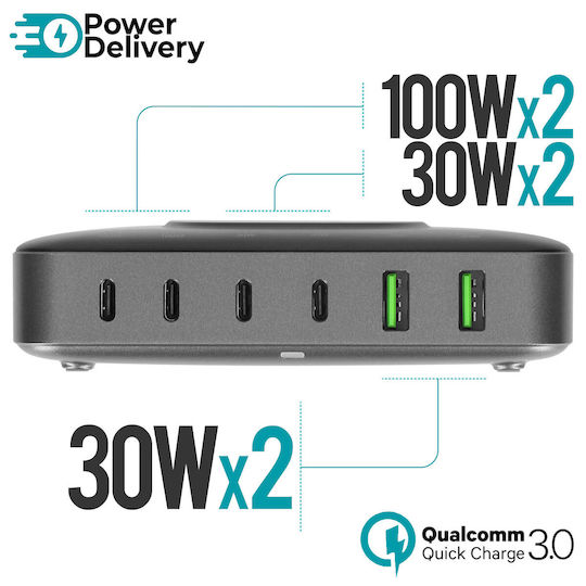 4Smarts Ladestation GaN mit 2 USB-A Anschlüsse und 4 USB-C Anschlüsse 100W Stromlieferung / Schnellaufladung 3.0 in Schwarz Farbe (4S469631)