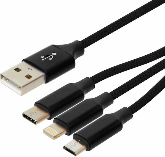 Moxie Плетена USB към Lightning / Type-C / micro USB Кабел 3Спецификация Черен 1м (DATA3EN1BLACK)