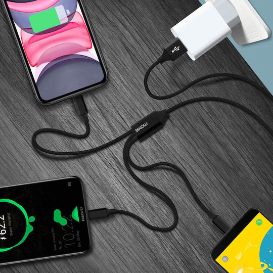 Moxie Плетена USB към Lightning / Type-C / micro USB Кабел 3Спецификация Черен 1м (DATA3EN1BLACK)