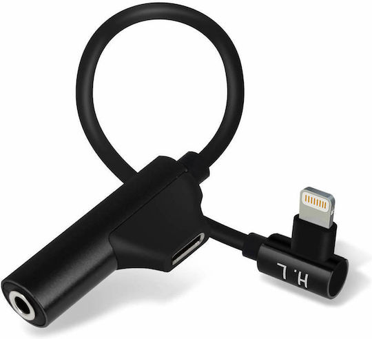 Iphone Audio Charge Adapter To Lightning Jack 3.5mm Angled Tip Black