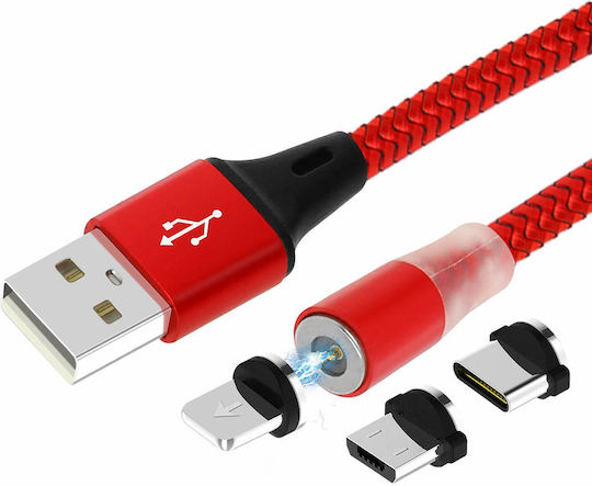 Avizar LED USB to Lightning / Type-C / micro USB Cable 2.4A Κόκκινο 1.2m (DATA-31-MAG-RD)