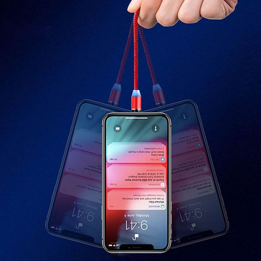 Avizar LED USB to Lightning / Type-C / micro USB Cable 2.4A Κόκκινο 1.2m (DATA-31-MAG-RD)