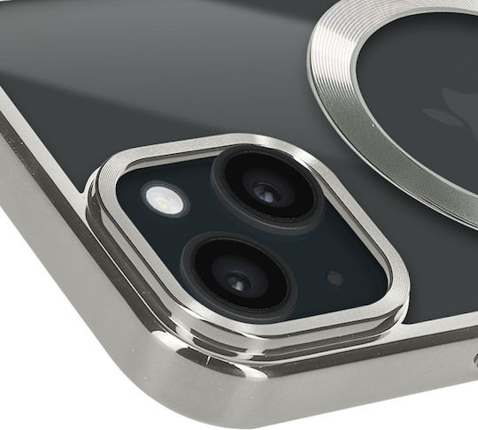 Magsafe Hülle iPhone 15 Silikon Kameraschutz Chrom Silber Kontur