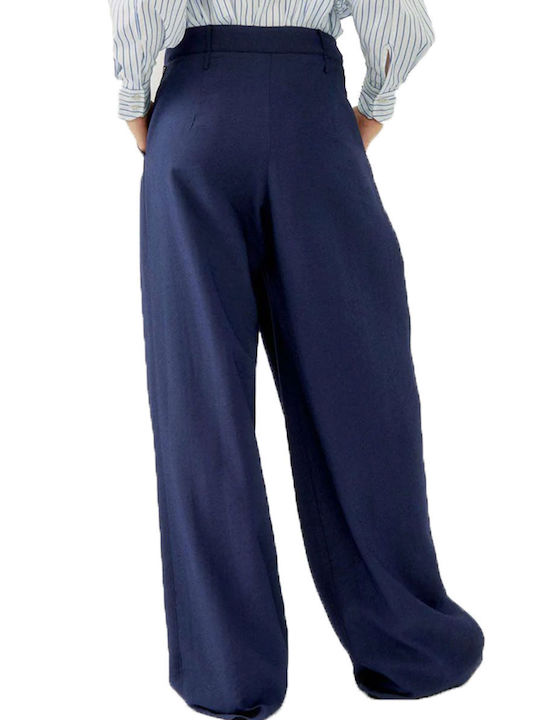 Silvian Heach Women's High-waisted Fabric Trousers in Palazzo Fit NAVY BLAZ