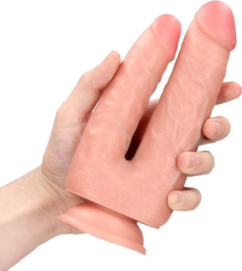 Shots Dildo dublu cu Testicule și Ventuză Flesh 15cm