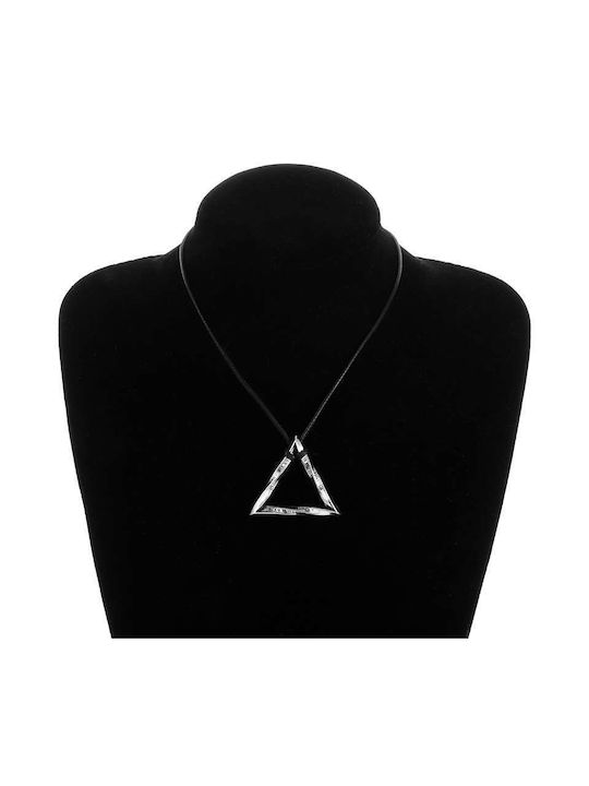 Vintage Tone Twisted Geometric Triangle Necklace With Leather Rope/Silver Tone