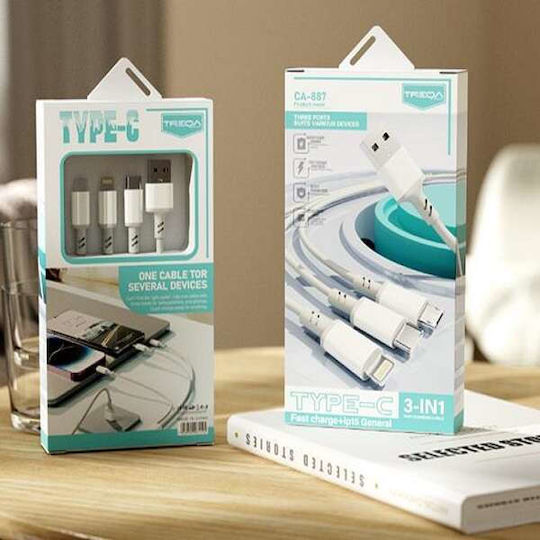 Treqa Regular Cablu USB la Lightning / Type-C / micro USB cu mai multe porturi Alb 1m (CA-887)