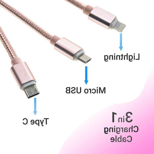 Triple Usb Braided Cablu USB la Lightning / Type-C / micro USB cu mai multe porturi Roz 1.25m (1018.614)