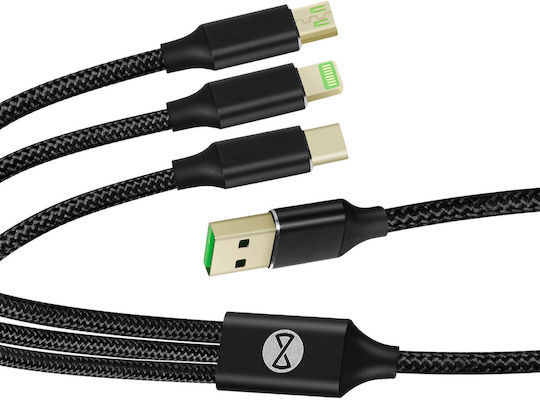Forever Regular Cablu USB la Lightning / Type-C / micro USB cu mai multe porturi 2A Negru 1m