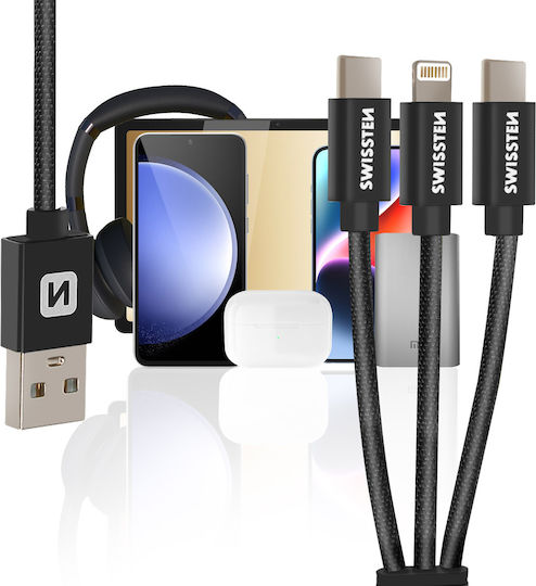Swissten Braided USB to Lightning / Type-C / micro USB Cable 3A Μαύρο 1.2m 72501103
