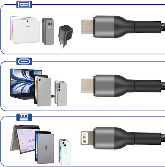 Blue Star Плетена USB към Lightning / Type-C / micro USB Кабел 3Спецификация Черен 1.2м (594886)