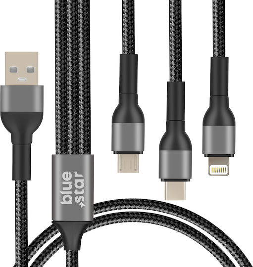 Blue Star Плетена USB към Lightning / Type-C / micro USB Кабел 3Спецификация Черен 1.2м (594886)