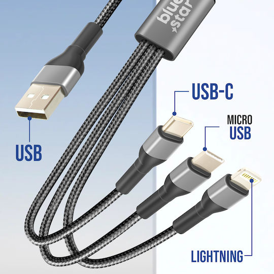 Blue Star Плетена USB към Lightning / Type-C / micro USB Кабел 3Спецификация Черен 1.2м (594886)