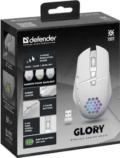 Defender GM-514 Glory Безжична RGB Геймърска Мишка 3200 DPI Бял