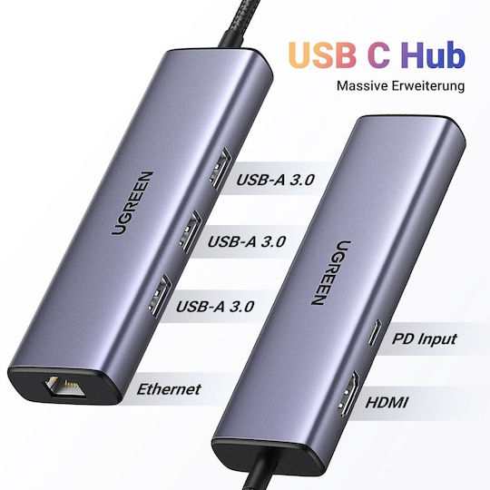 Ugreen Cm512 USB-C Docking Station με 4K PD Ethernet Γκρι