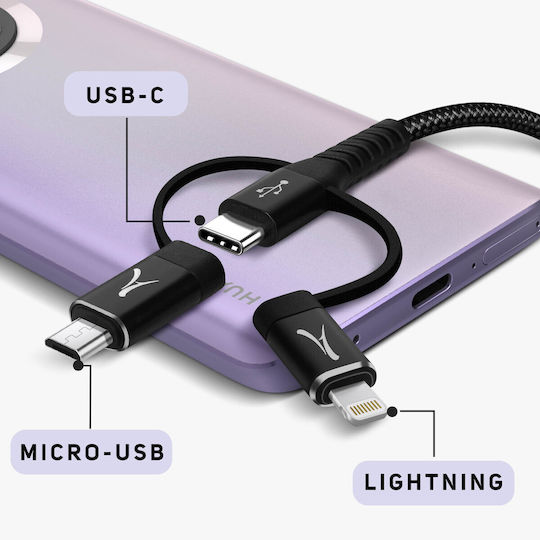 Akashi Braided USB to Lightning / Type-C / micro USB 1m 3A Cable (ALT3IN1TCBK)
