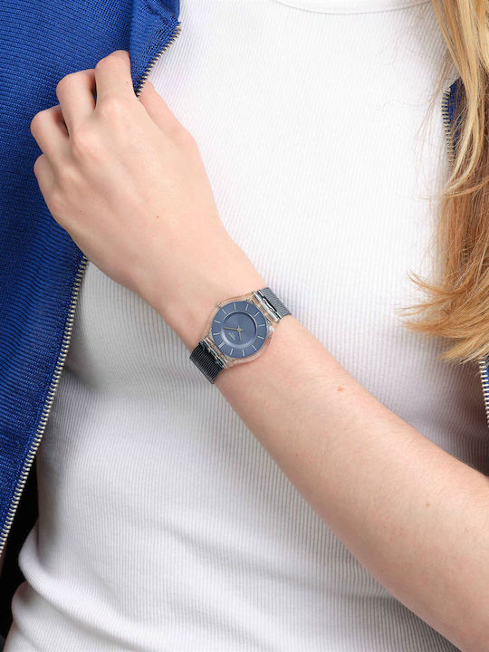 Swatch Cool Skies Γυναικείο Ρολόι 34mm Μπαταρίας με Μπλε Μεταλλικό Μπρασελέ