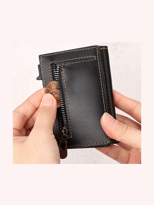 Leather Men's Wallet Cards with RFID and Slide Mechanism Black