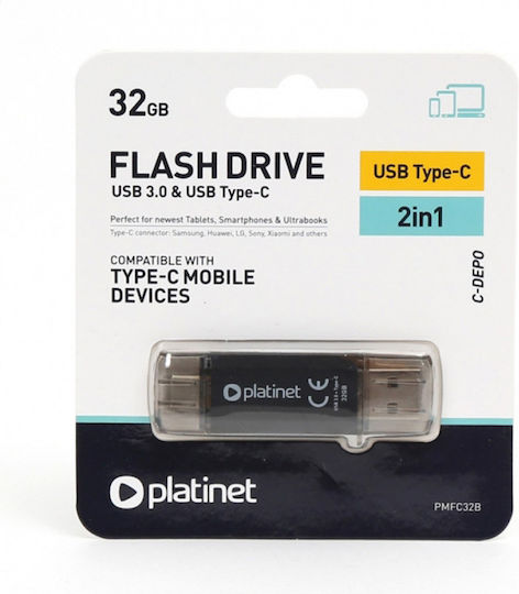 Platinet C-Depo 32GB USB 3.0 Stick με σύνδεση USB-A & USB-C Μαύρο